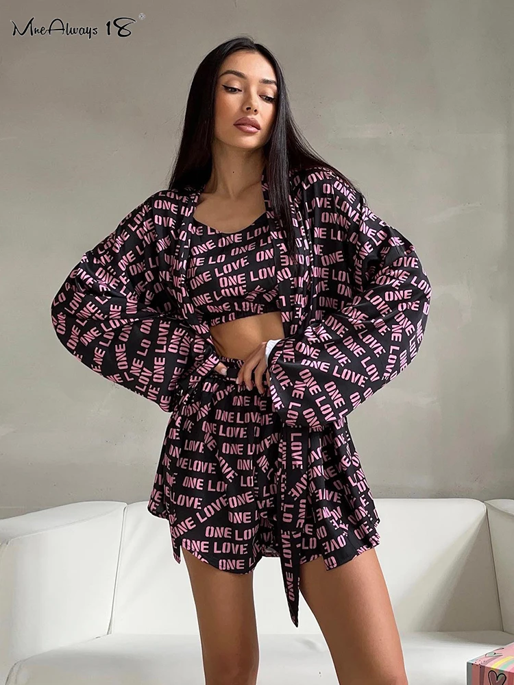 Mnealways18 Love Printing 3 Pieces Suits Women Fashion Sleepwear Casual Outfits Shorts Ladies Sets Lace-Up Shirts With Bra Suits