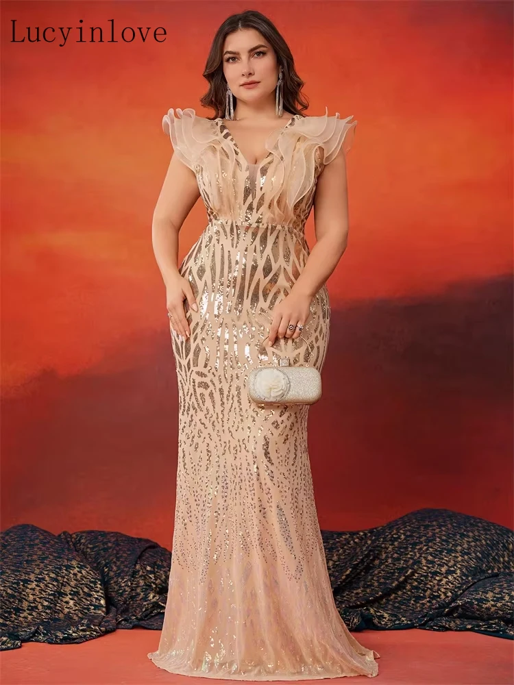 

Lucyinlove Plus Size Elegant Gold Evening Dresses Women Luxury Ruffle Sleeve Mermaid Formal Sequins Wedding Party Guest Gowns