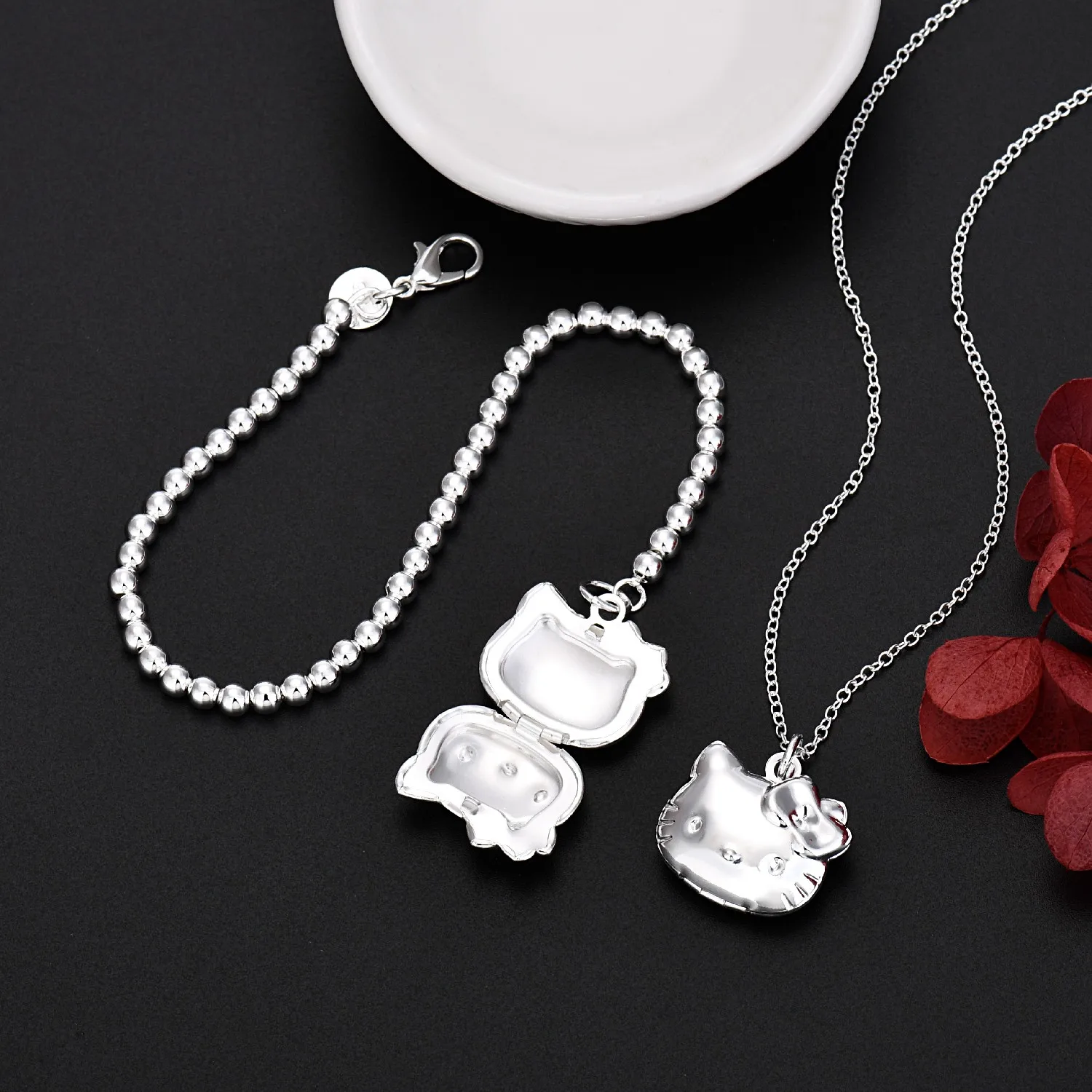 New luxury 925 Sterling Silver fine Cute Cat necklace bracelet for Women Jewelry set fashion designer Party Wedding Gifts