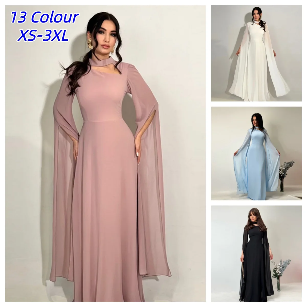 Partykleider für Damen, lang, mit rundem Kragen, Cape-Ärmeln, einfarbig, mit Schnürung, tailliert, A-Linie, elegant, temperamentvoll, Maxikleid