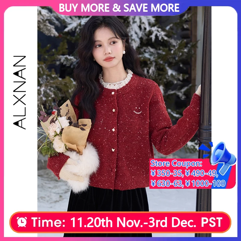 

ALXNAN красный кардиган с кружевным воротником, шикарный кашемировый кардиган с жемчужными пуговицами, женский кашемировый кардиган 2025 года, рождественский бордовый шерстяной свитер L52502