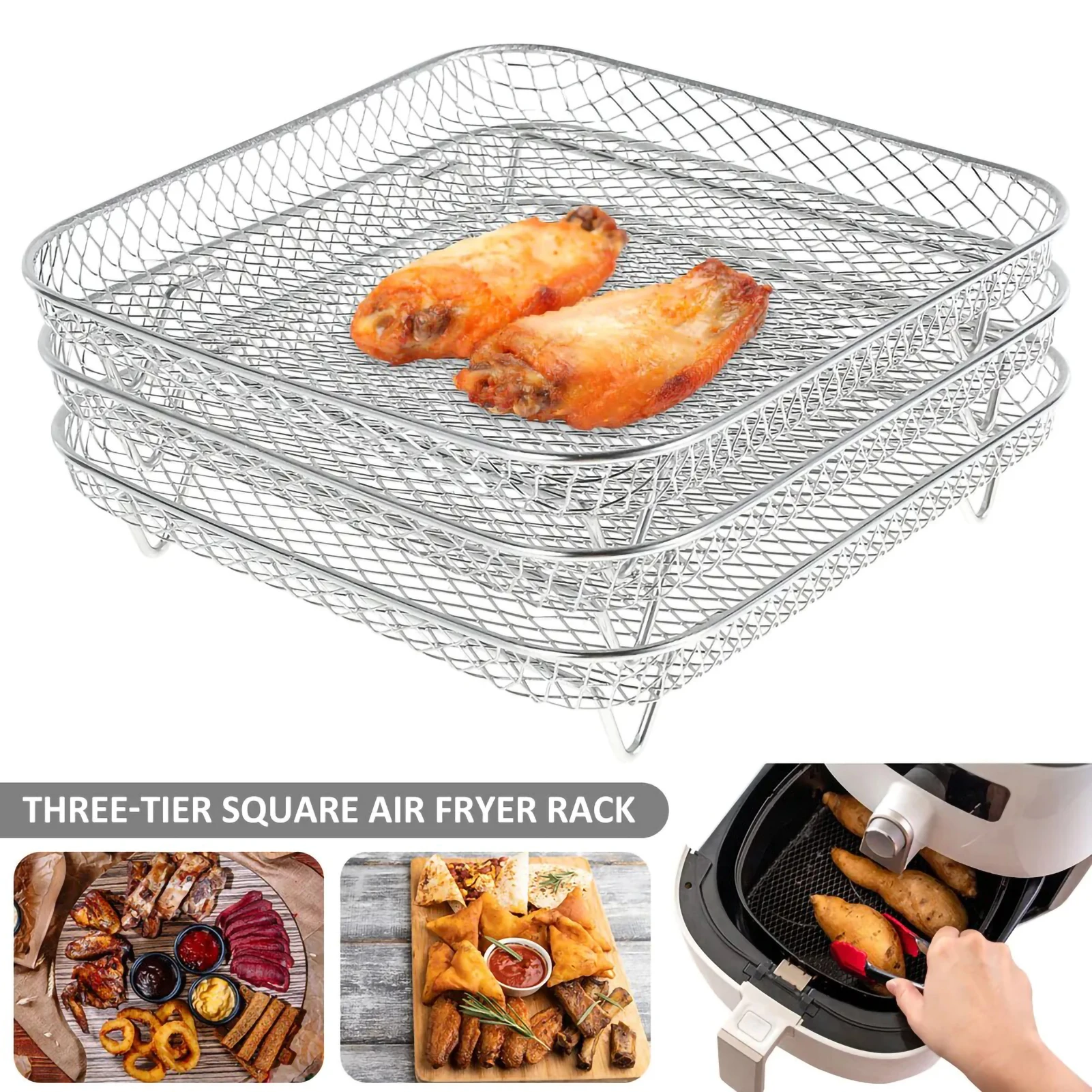 3-layers Air Fryer Rack Stackable Grid Grilling Rack Stainless Steel Anti-corrosion for Home Kitchen Oven Steamer Cooker Gadgets