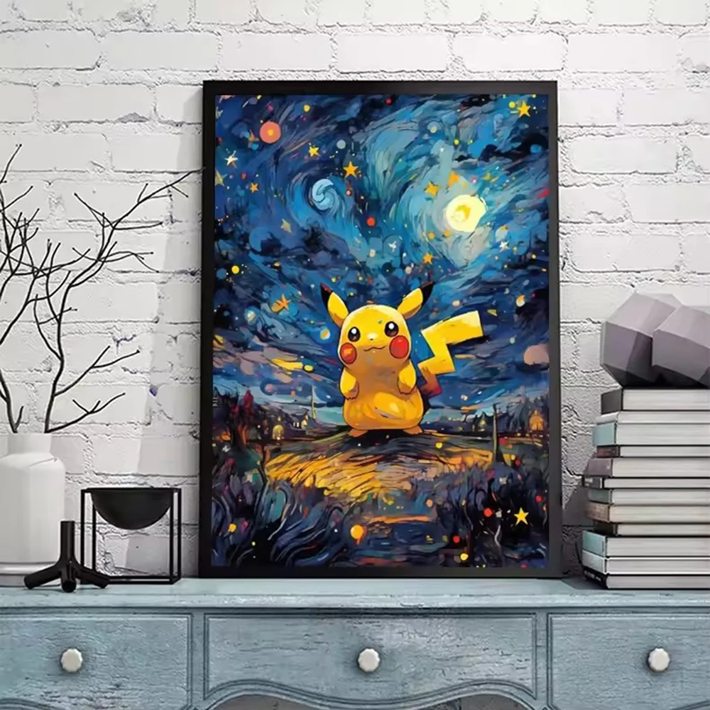 Van Gogh Starry Sky Anime Figures Pokemon Pikachu Watercolor Painting Canvas Posters and Prints Wall Art Picture for Living Room