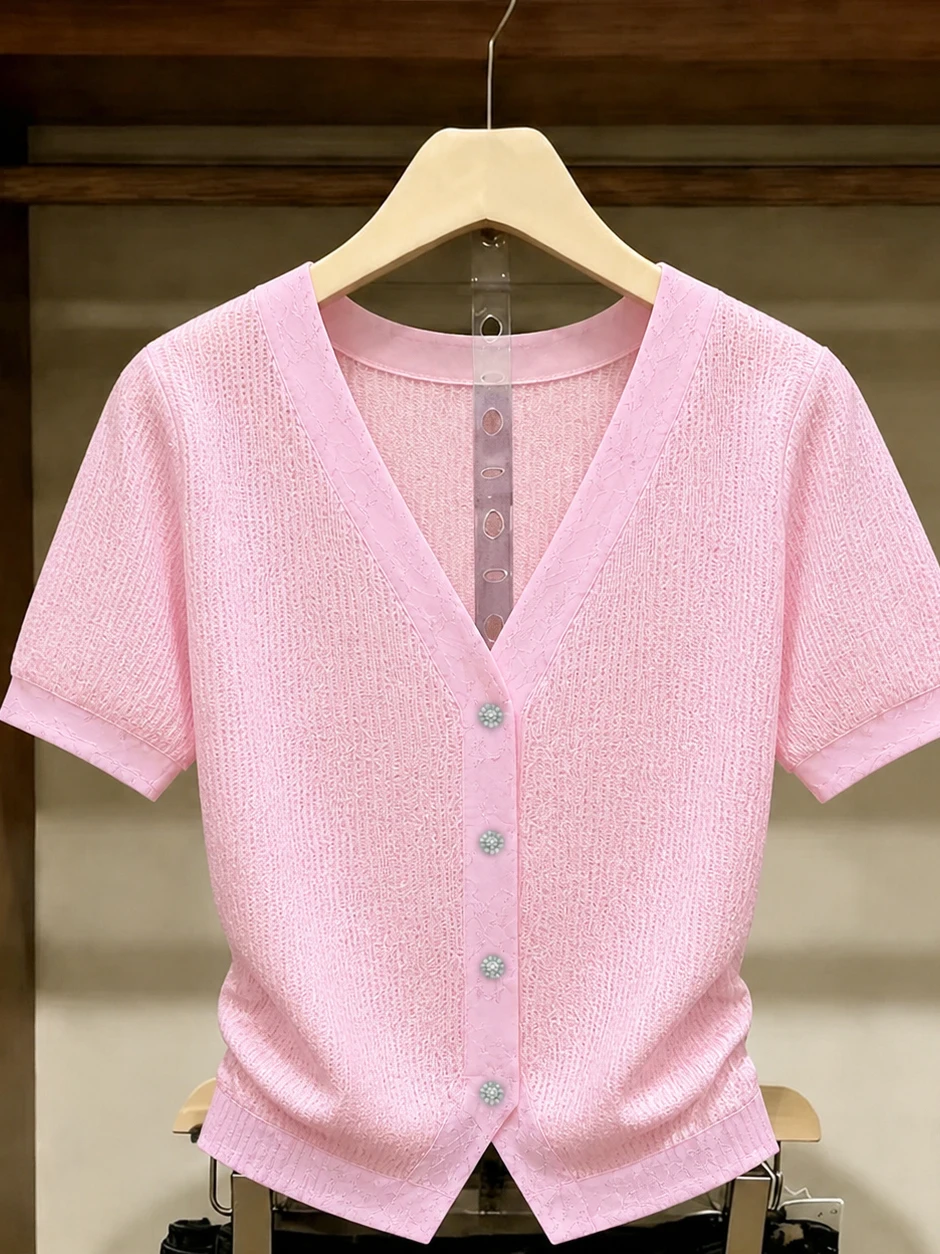 

Sweet Style V-Neck Short Sleeve Knitted Open Cardigan Single Button High-End Feeling Top Summer Women's Fashion Commute Style