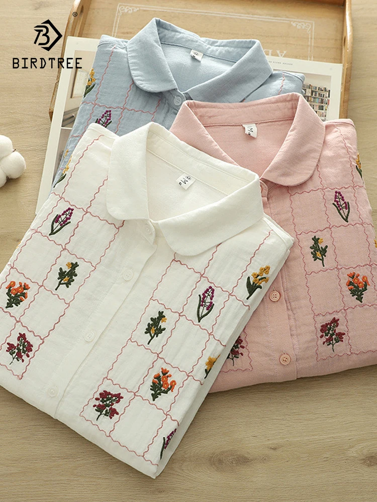 Novo 2025 primavera algodão fio camisa de manga longa, feminino turn-down colarinho bordado, mori menina macio comute blusa solta t52406cc