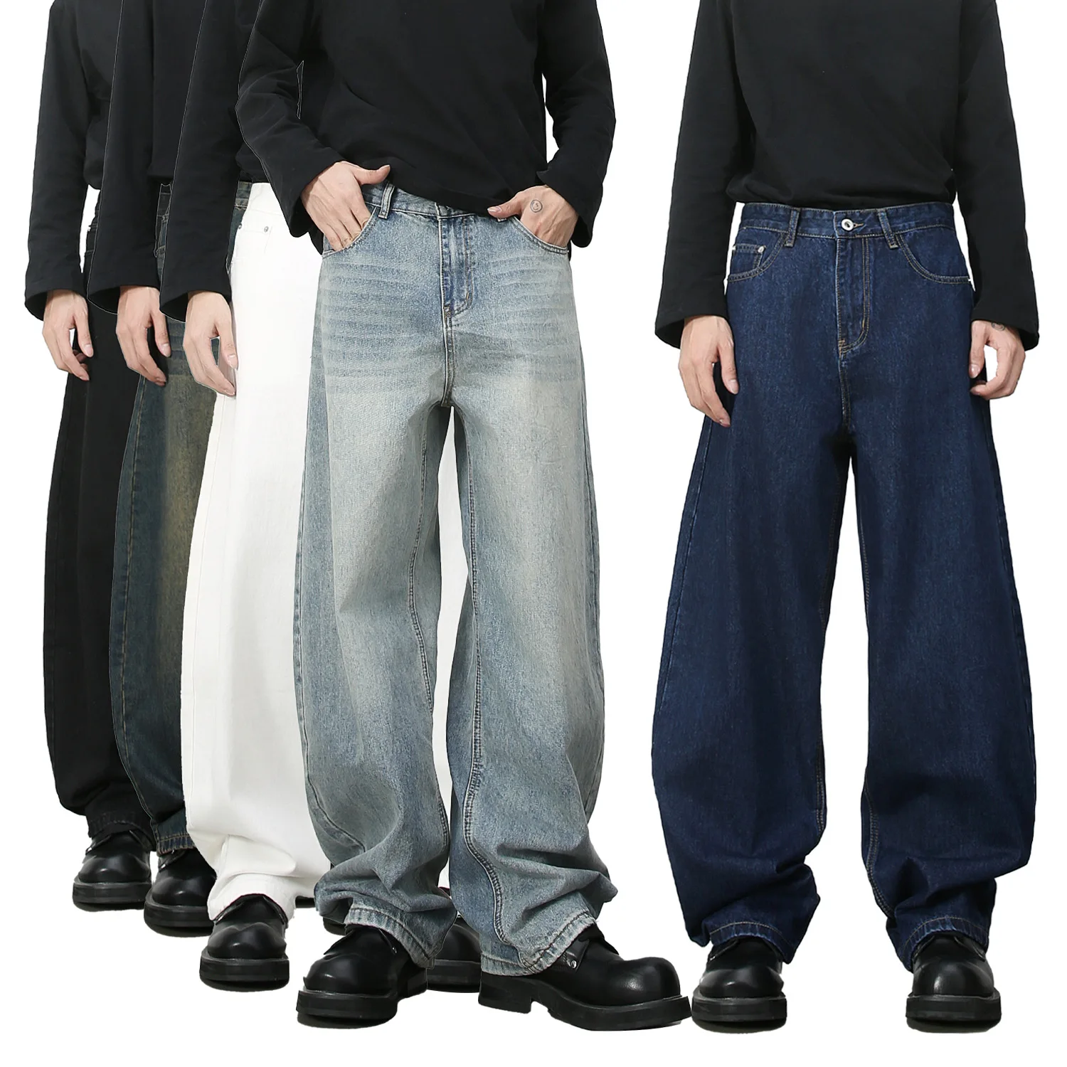 American Retro Silhouette Washed Scimitar Jeans Men's Trendy Brand Loose Straight Wide-leg Trousers