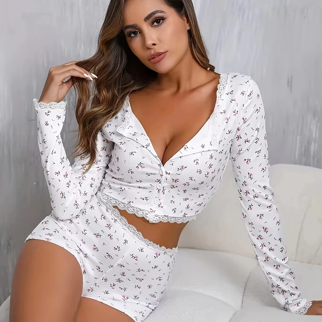 Sexy Damen-Pyjama-Set mit Blumenmuster, Sommer-Langarm-Oberteil und Shorts, 2-teiliges Schlafanzug-Set für Frauen, lässiger Skinny-Anzug für Zuhause – Detail 11