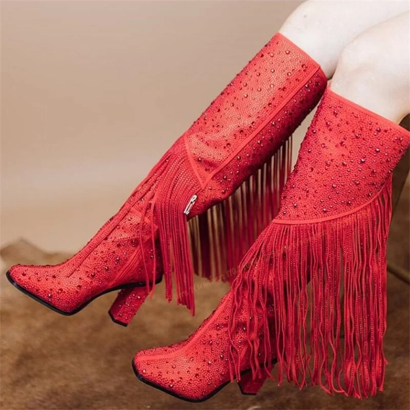 

Red Tassel Crystal Decor Knee High Boots Pointed Toe Shoes for Women Chunky High Heels Knight's Boots 2023 Zapatos Para Mujere