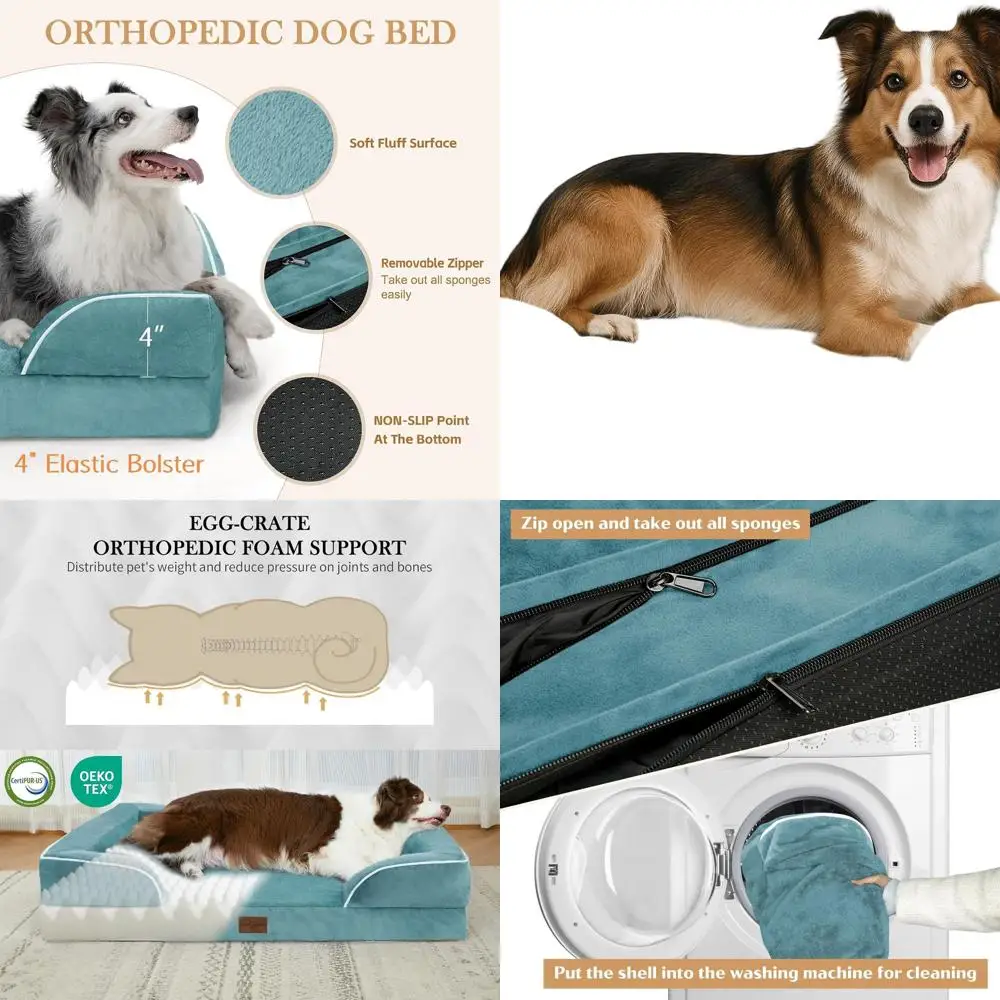 

Large Dog Orthopedic Bed, 38x25 Waterproof Foam with Removable Bolster, Washable Cover & Non-Slip Base, Blue