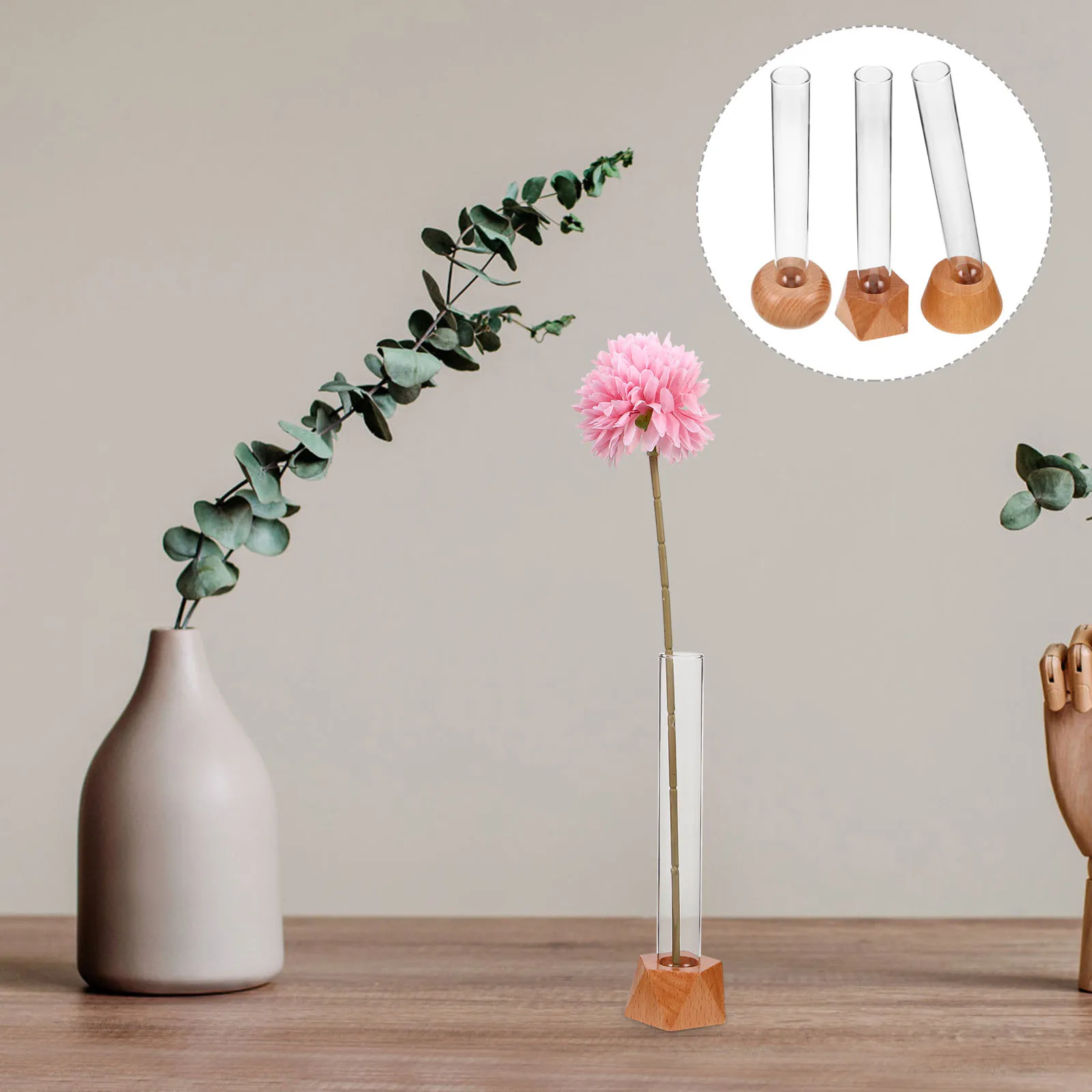 

3Pcs Wood and Glass Hydroponic Vase Set Clear Glass Tubes for Hydroponic Plants Easy Care Tabletop Arrangement Home Office