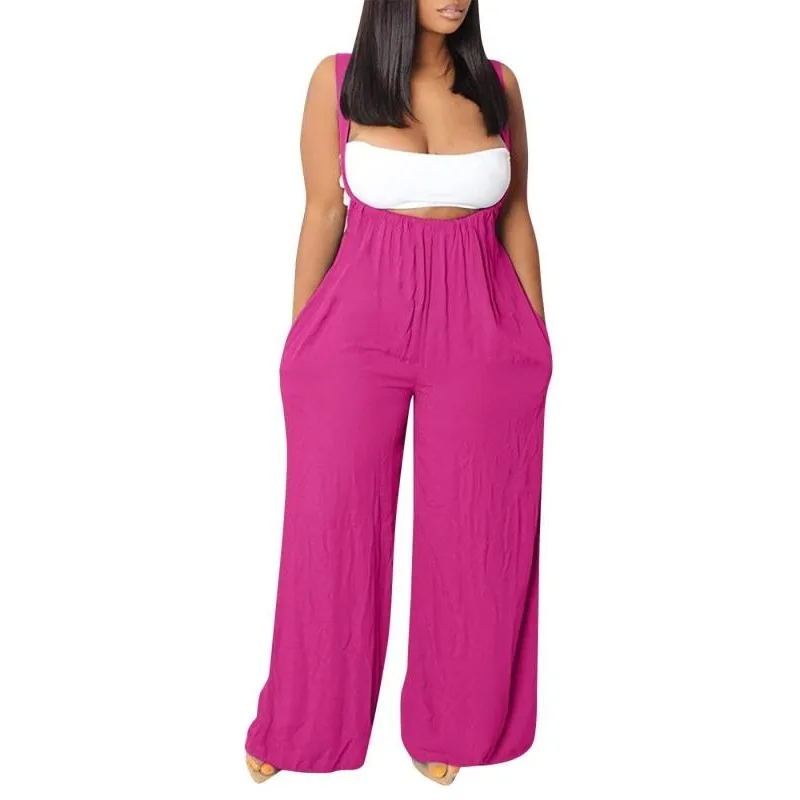 

Plus Size 1XL-5XL New Women Casual Solid color Sleeveless Drawstring Wide Leg Suspender High Waist Pocket Design Jumpsuit Romper