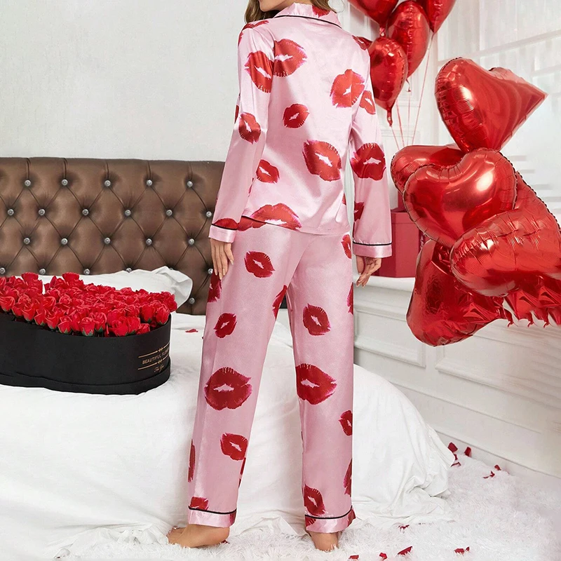 Red Lip Print Satin Pajama Set Autumn Casual Long Sleeve Button Up Lapel Collar Top & Pants Sleepwear & Loungewear Pyjama Femme