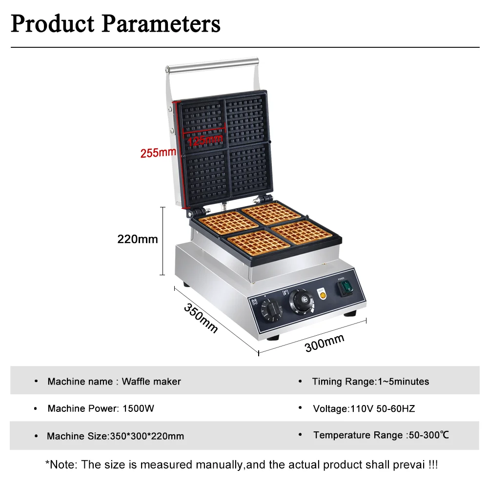 Máquina de waffle comercial, 4 peças, máquina de waffle quadrada, elétrica, antiaderente, aço inoxidável, waffle belga, ferro com temperatura