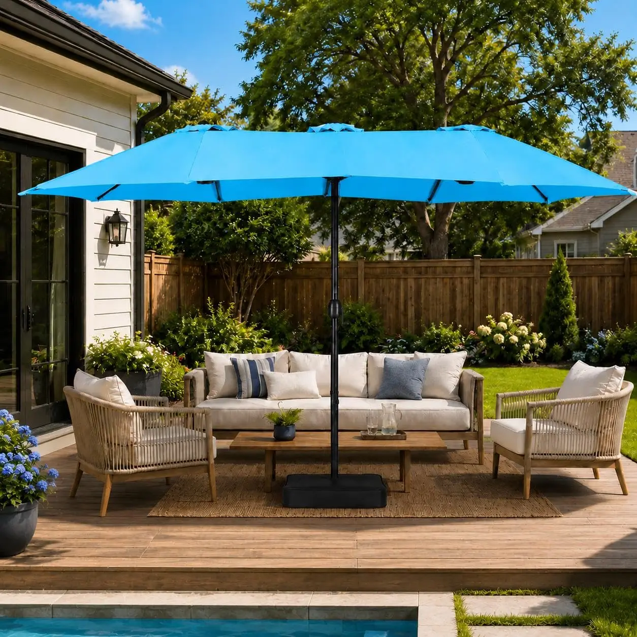 15FT Double-Sided Patio Umbrella w/Base 12 Ribs Vented Outdoor Market Table Umbrella, Customized