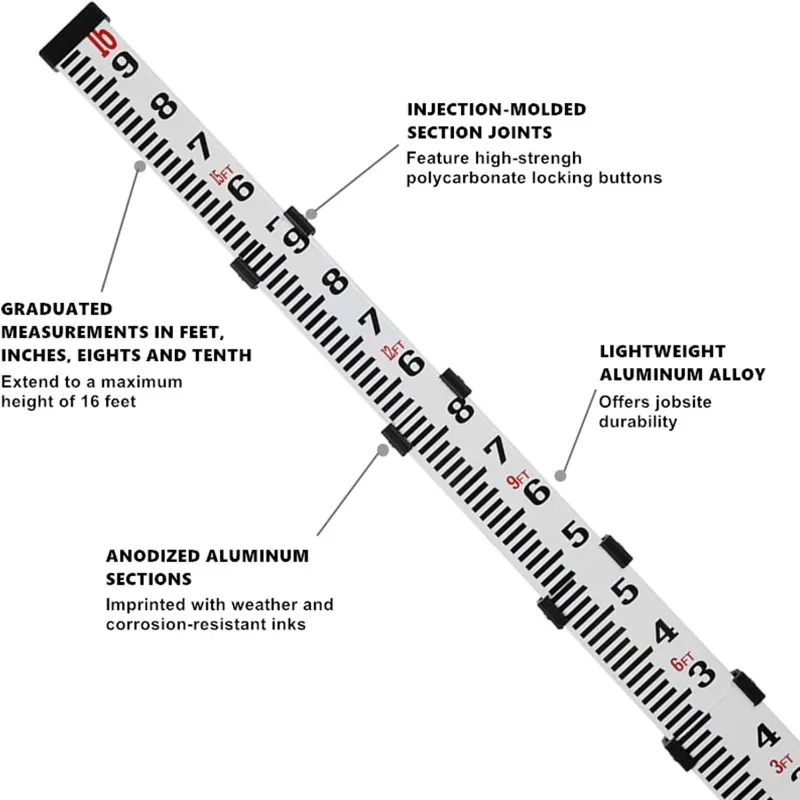 Aluminum Grade Rod - 10ths, 5 Sections Telescopic with Bubble Level accesorios desbrozadora