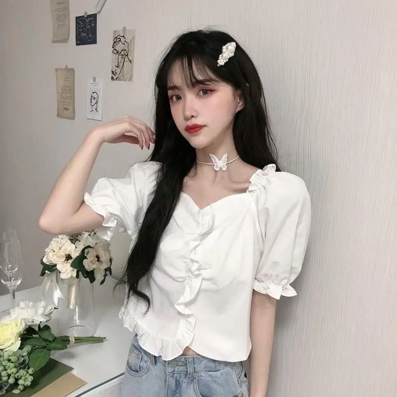 Summer New French Style Design Ruffled Edges Slim Fit Niche Short Sleeved Shirt Bubble Sleeve Lotus Leaf Edge Top