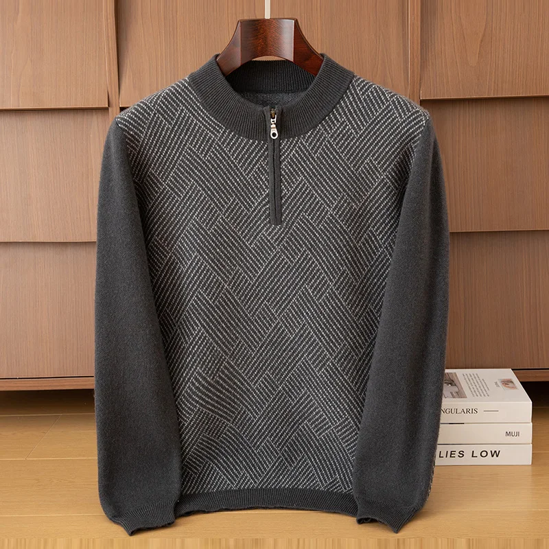 Outono e inverno masculino meia altura com zíper pescoço engrossado camisola jacquard lã camisola de negócios