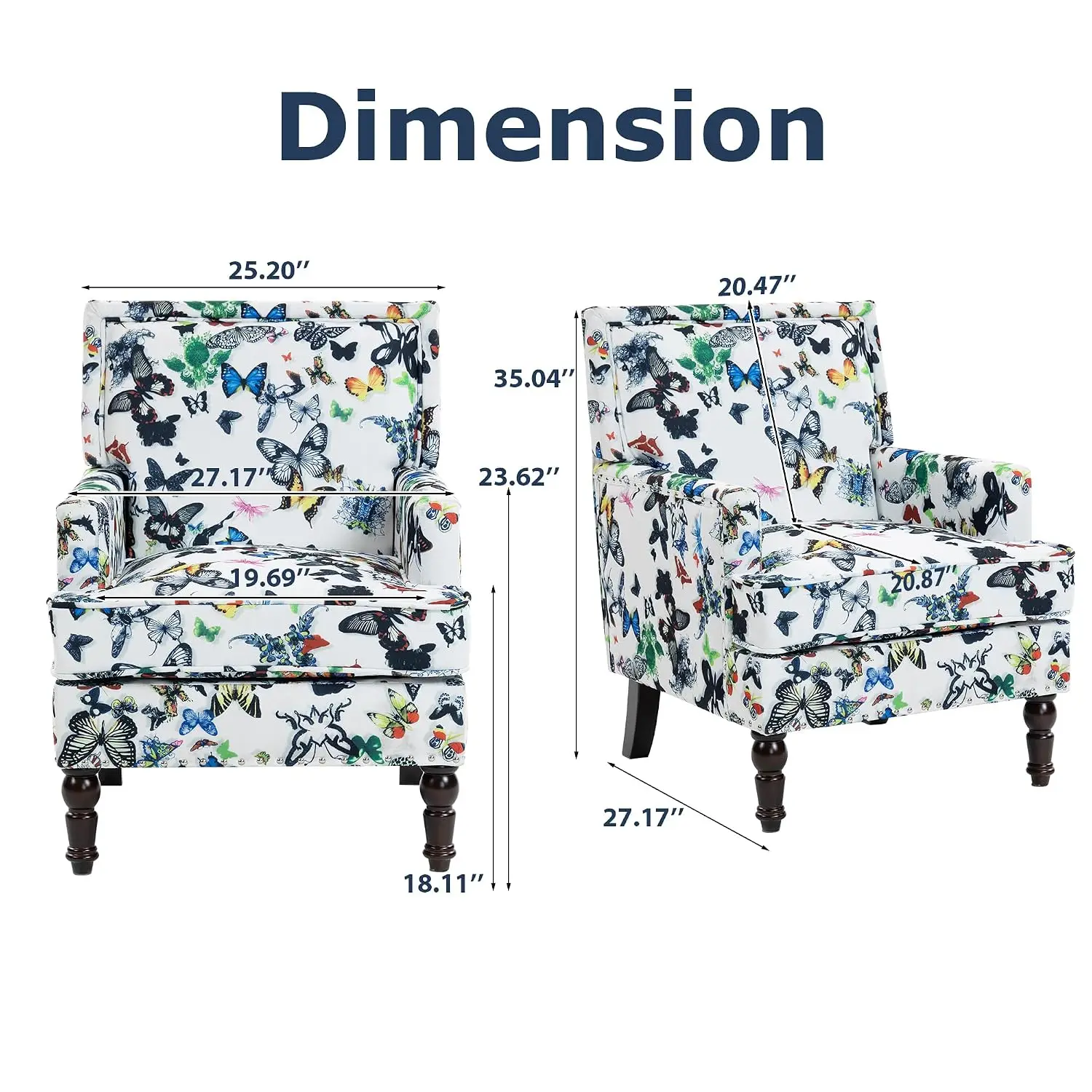 Mid-Century Wingback Accent Chair Linen Upholstered Solid Wood Floral Living Room Bedroom Single Sofa, Customized