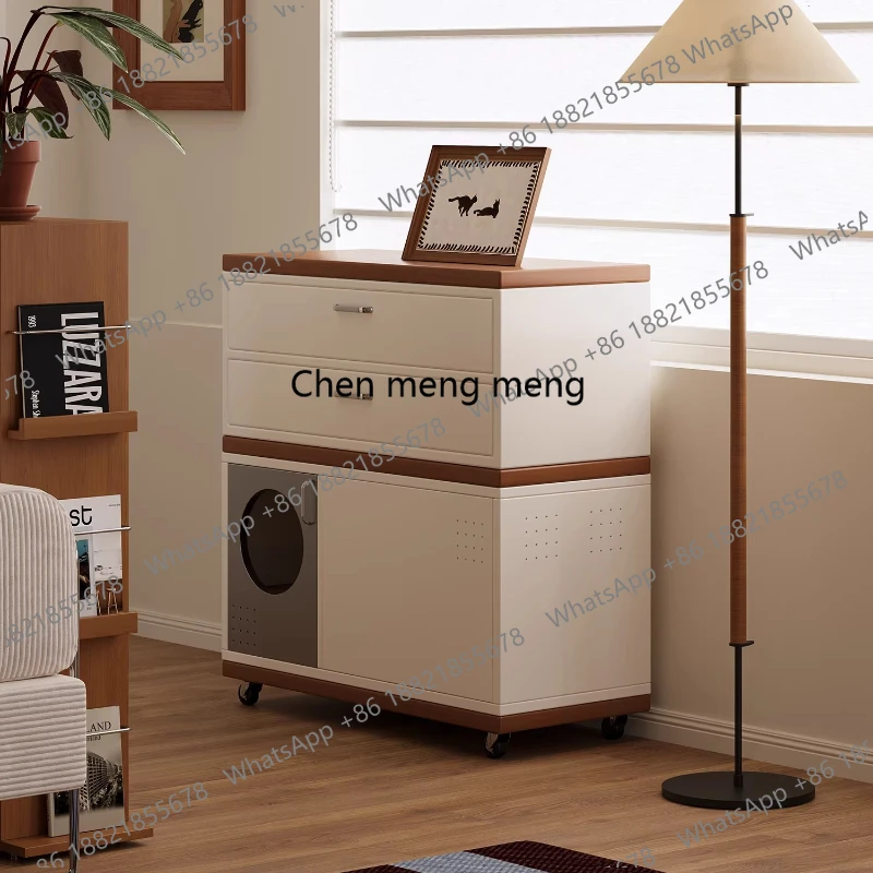 Vintage Style Cat Toilet with Wheels Storage Cabinet Integrated Cat Litter Storage Cabinet
