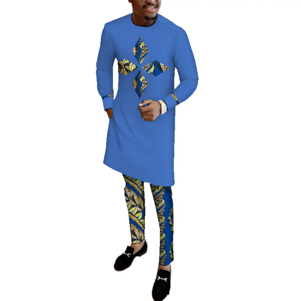 

Африканская одежда для мужчин, рубашка Дашики с длинным рукавом и длинные брюки Bazin Riche, хлопковый мужской костюм с африканским принтом, костюм WYN513