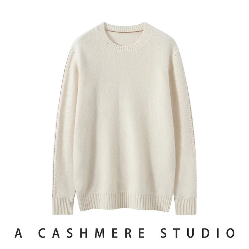 Sweter męski z czystego kaszmiru, podwójnie gruby, z okrągłym dekoltem, dzianinowa koszulka bazowa, biznesowy sweter w ciepłych kolorach z rękawami.