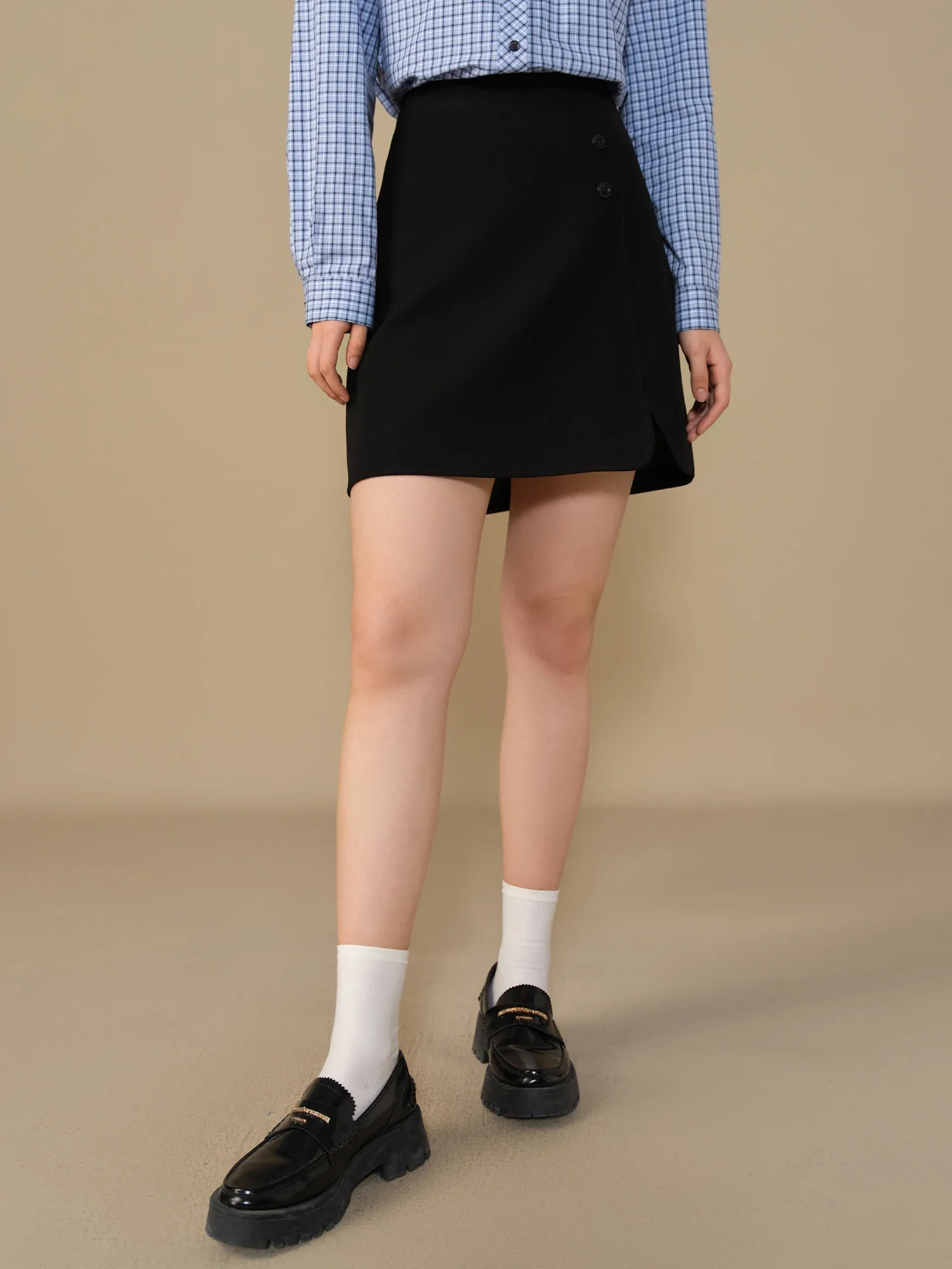 DUSHU High-waisted Checkered Short Skirt For Women 2024 Winter New Vintage Style Versatile Commuter Black A-line Skirt 24DS84208