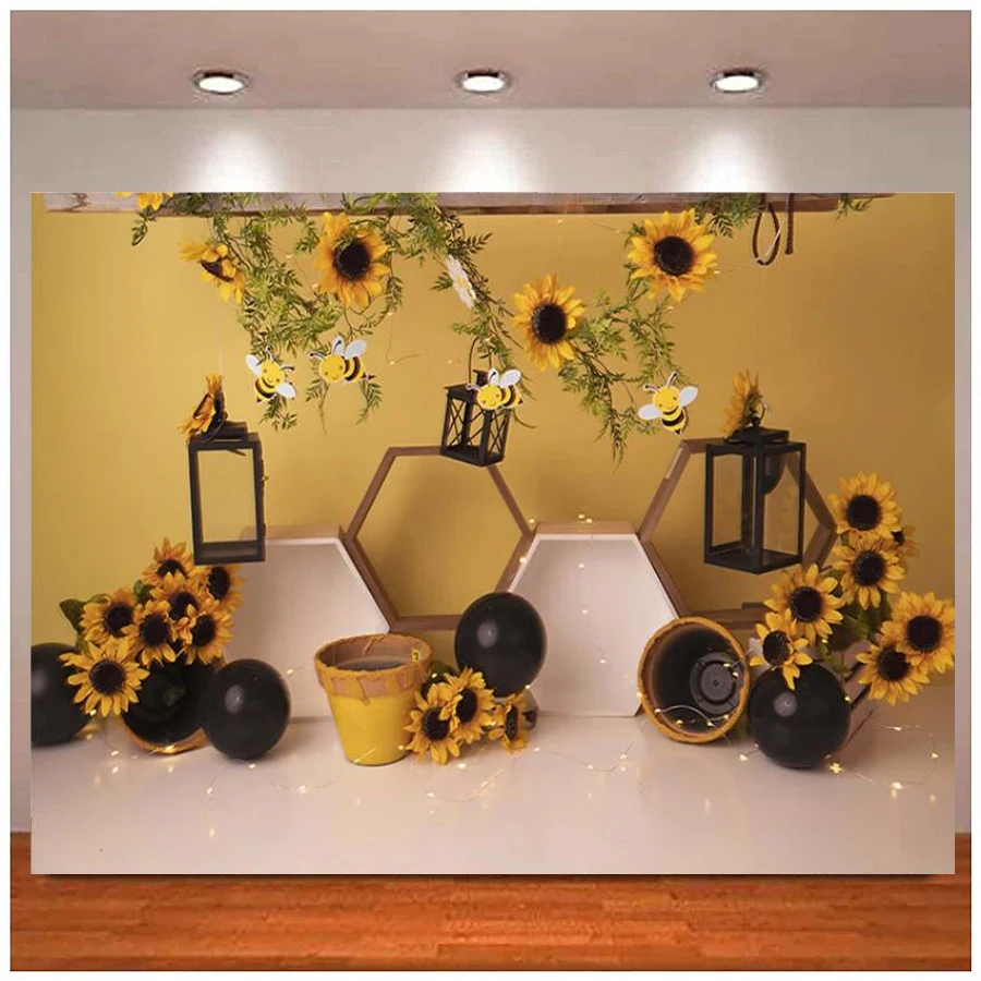 

Photography Backdrop Sunflower Honey Bee Girl Jar Birthday Party Decoration Cake Smash Newborn Baby Shower Background Banner