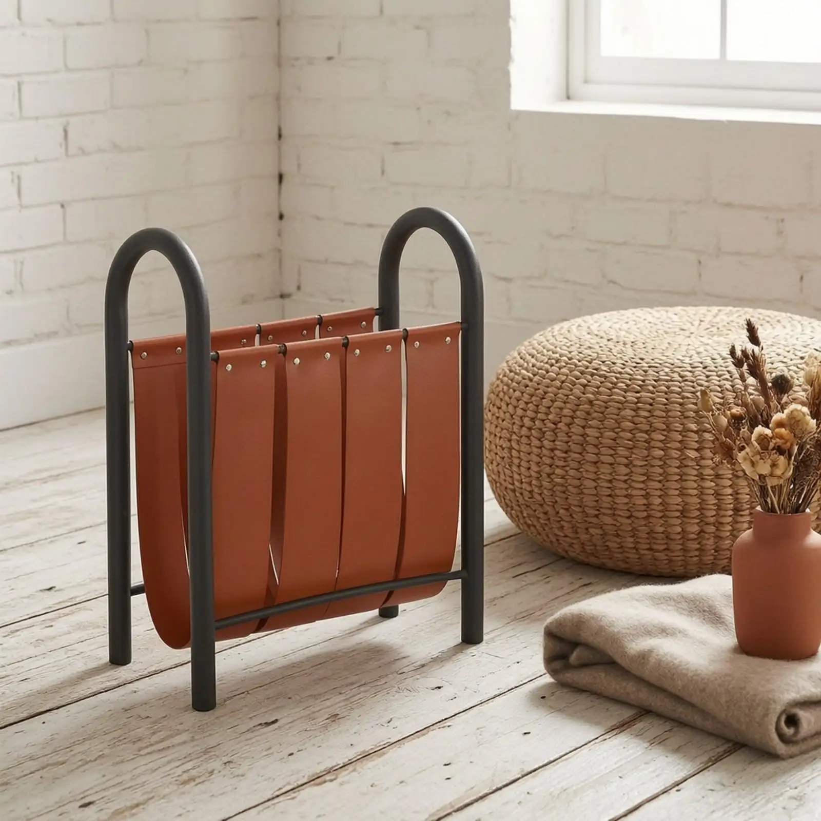 Space Saving Document Rack with Metal Frame and Leather Panels for Bedroom and Study Room Storage