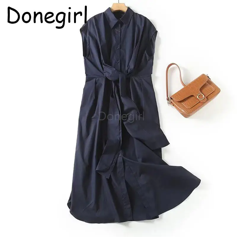 

Donegirl 2023 New Spring Summer Women Solid Simple Casual Shirt Dresses Slim Waist Lacing Commute Midi Dresses Female Chic