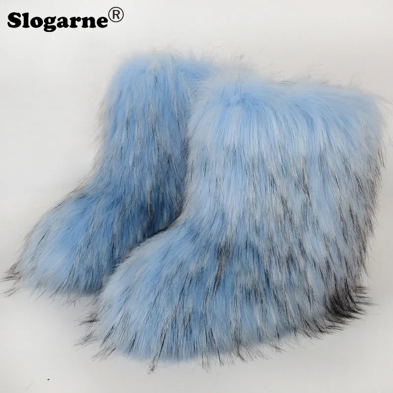 2024 Women\'s Winter Faux Fox Fur Boots Woman Plush Warm Snow Boots Luxury Footwear Girls\' Furry Fur Bottes Fashion Fluffy Shoes