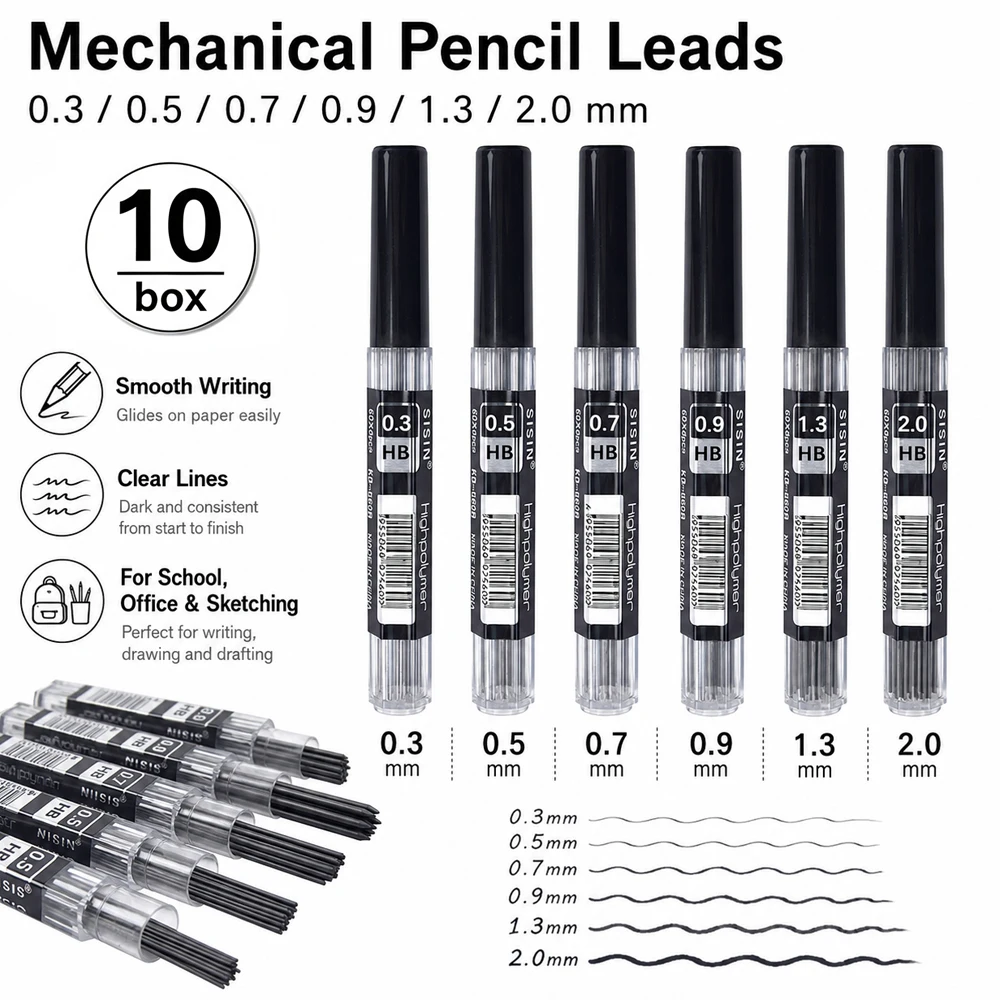10Boxes 0.3/0.5/0.7/0.9/1.3/2.0mm Mechanical Pencil Leads, Automatic Pencil Accessories Writing Office School Stationery ﻿ ﻿ ﻿