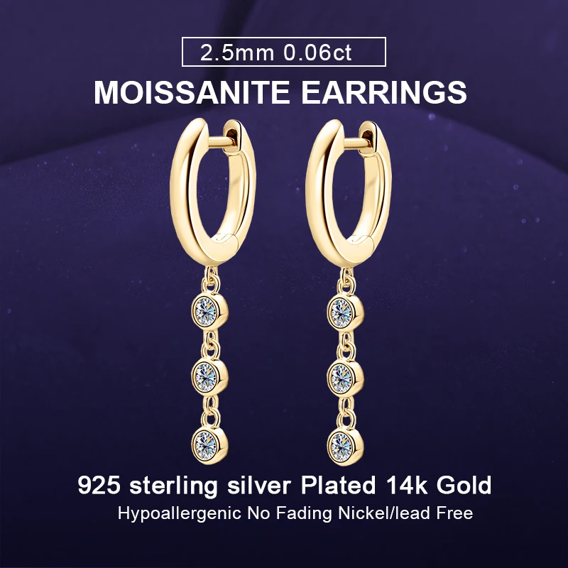 

Настоящие серьги-кольца с кисточками из муассанита цвета D 2,5 мм для женщин, оригинальные серьги-капли из 100% серебра 925 пробы, модные изящные ювелирные изделия