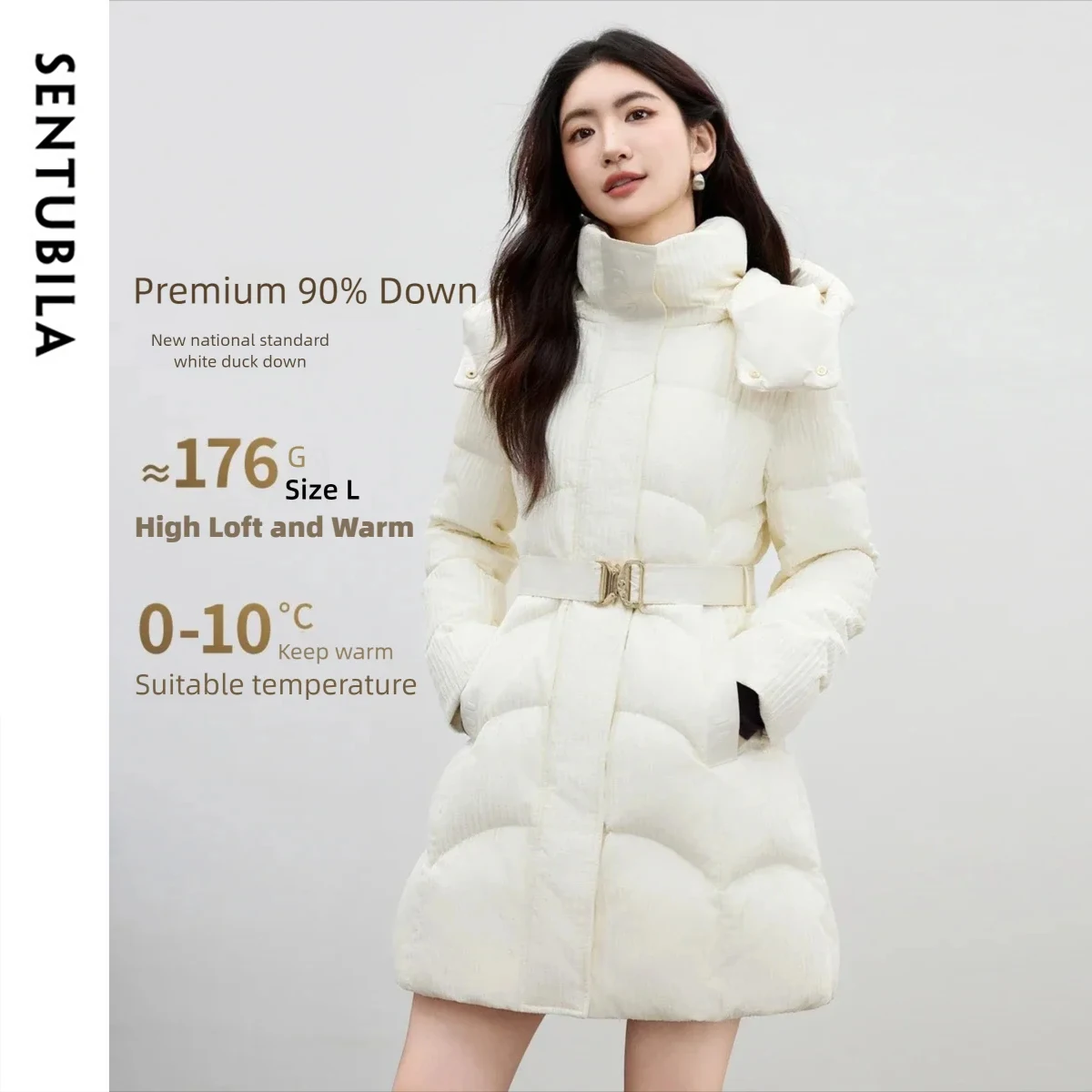 

SENTUBILA Women's Mid-Length Down Coats 2025 Winter Stand Collar Detachable Waist Belt Warm Comfortable Outerwear W54YA2881