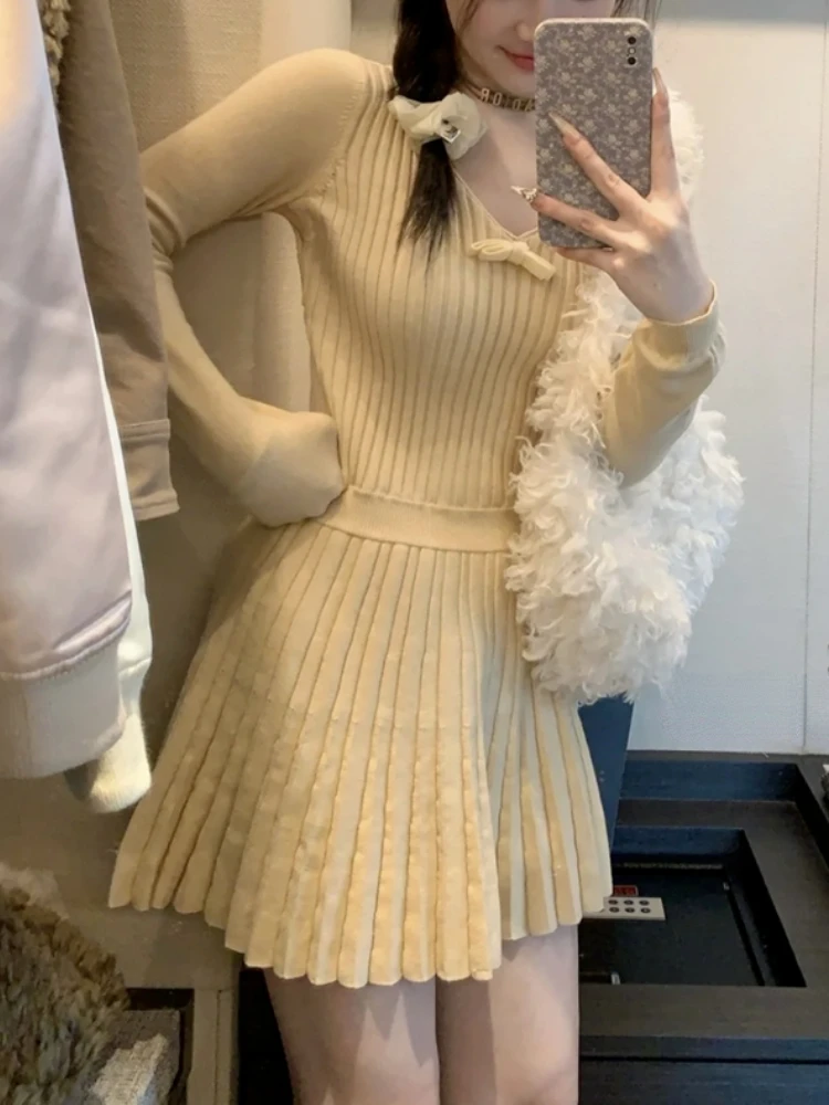 

Preppy Style Knitted One Piece Dress Women Japanese Bow Kawaii Vintage Dresses Female Korean Style Elegant Clothes 2024 Winter