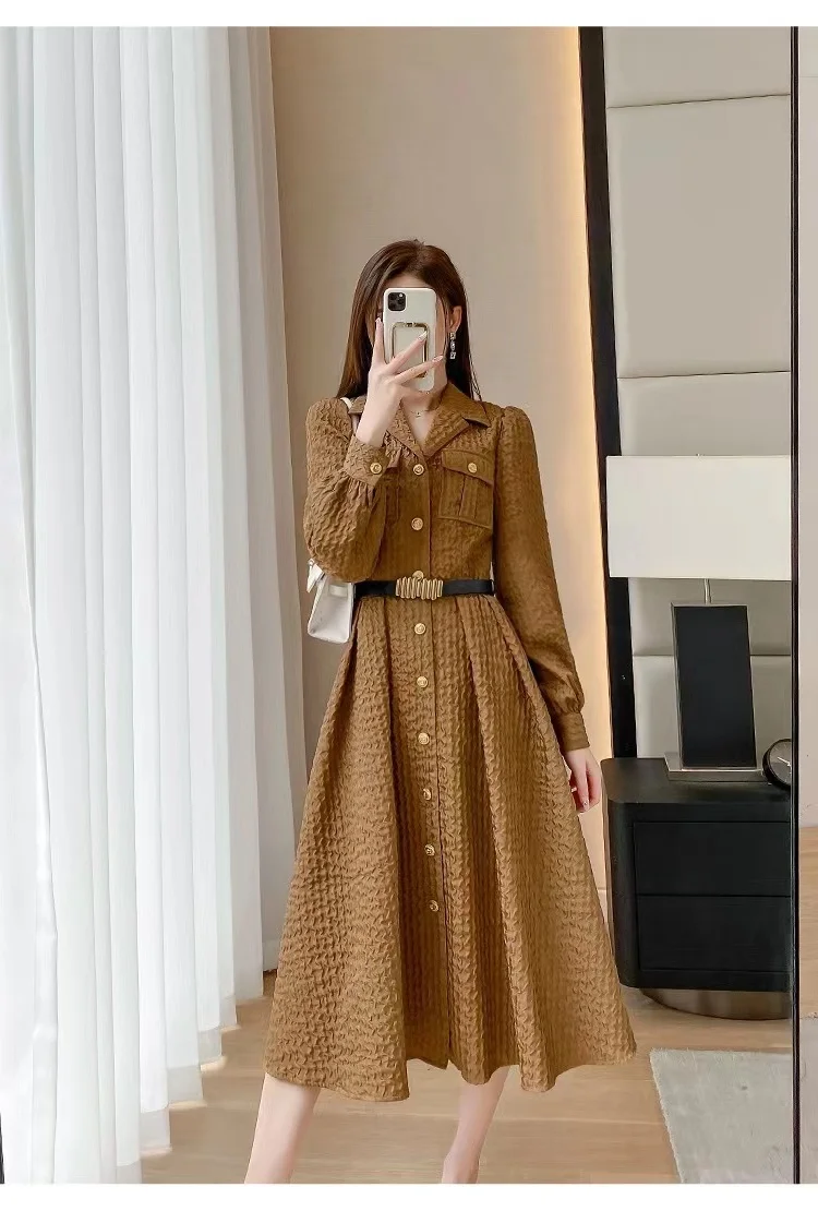 

Tailored New 2023 Collar Spring/Summer French Embossed Texture Slimming Long Sleeves Dress0814