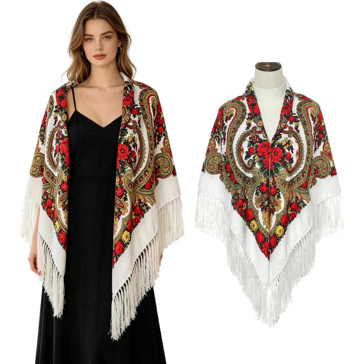 130cm New Russian Square Scarf for Woman Warm Tassel Shawls Floral Print Sunscreen Handkerchief Wraps Babushka Bandana Blankets view 2