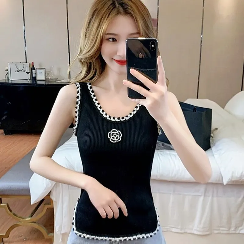 Crriflz Women Sweety Summer Knitted Vest Tops Sleeveless U-Neck Rose Ice Silk Slim Outer Wear Camisole Female Inner Sweater Top