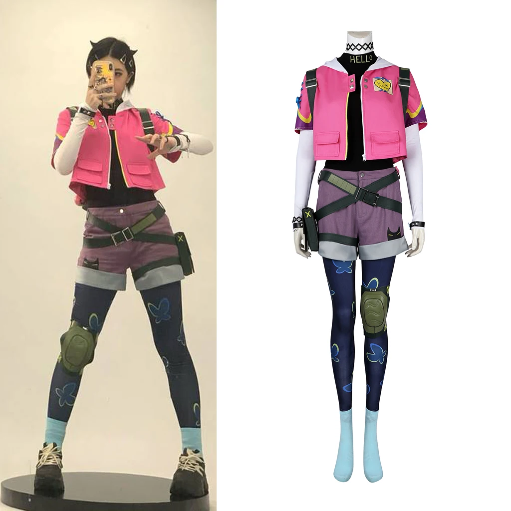 Valorant Clove Cosplay Costume Pink Suit With Backpack Clove Combat Uniform Women Halloween Carnival Party Outfit Game Suit