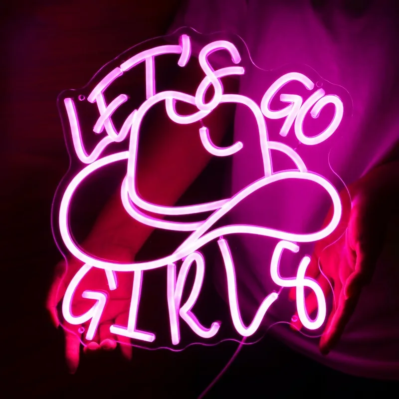 Pink Cowgirl Hat LED Signs Neon Light Let’s Go Girls Western Disco Wall Art Sign Bedroom Man Cave Bar Pub Living Room Decoration