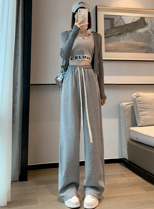 

Серые широкие брюки для женщин весной и осенью с высокой талией и свободные прямые брюки Гигиенические брюки Повседневные спортивные брюки