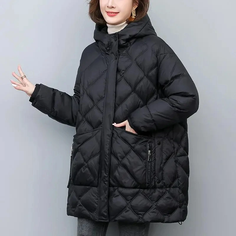 90 Biała kurtka puchowa z kapturem damska 2024 Winter New Fashion Ciepły puchowy płaszcz damski Gruby parker Czarny Casualowy długi płaszcz