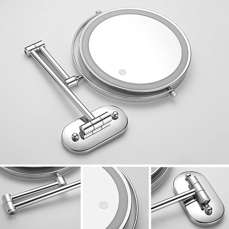 8 inch Wall Mounted Makeup Mirror Chrome 3X-10X Magnifying 3 color LED light Double Side Bathroom Smart Shaving Cosmetic Mirrors