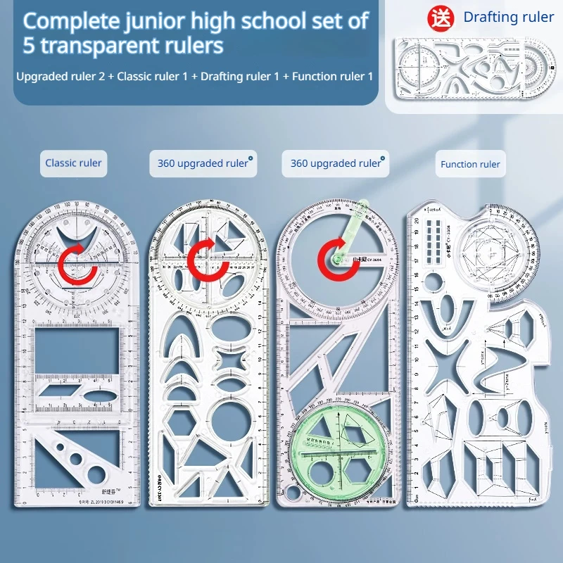Multi-functional Rotating Geometry Ruler, 360° Rotatable Math Drawing Template Ruler, Geometry Measuring Tool for Students