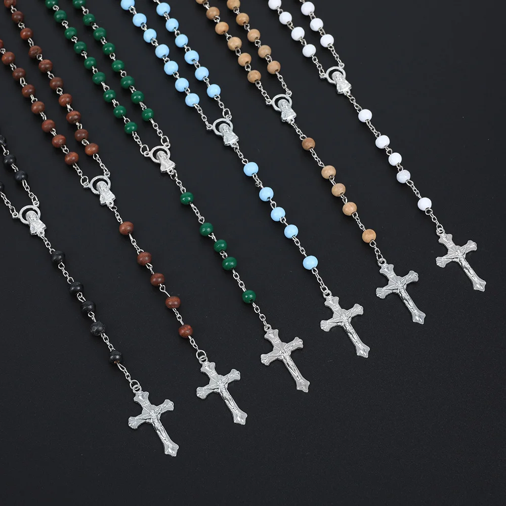 Wooden Religious Rosary Necklace For Women Men 6MM Wood Beads Long Y Chain Crucifix Cross Pendant Prayer Party Jewelry
