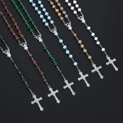 Wooden Religious Rosary Necklace For Women Men 6MM Wood Beads Long Y Chain Crucifix Cross Pendant Prayer Party Jewelry