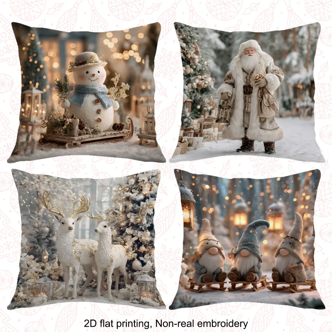 45cm Christmas Throw Pillow Cover,gold White Christmas Snowman Santa Claus Elves Reindeer  Design for Christmas Home Sofa Decor