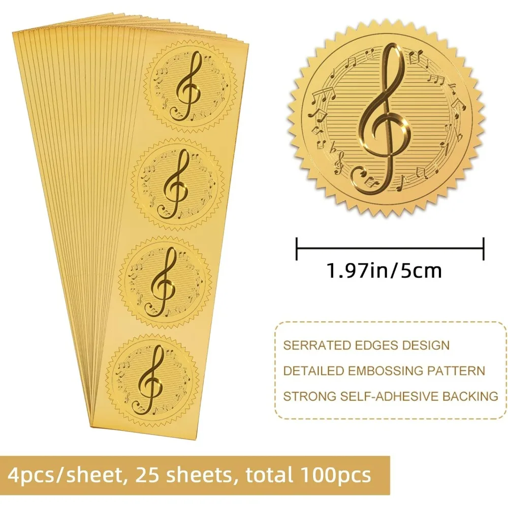 100pcs Music Note Certificate Seals Achievement Gold Foil 2