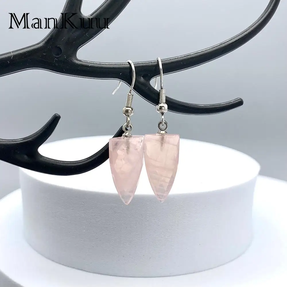 mankuu trendy elegant natural rose quartz healing crystal stone gold silver plated dangle drop earrings for women gifts daily