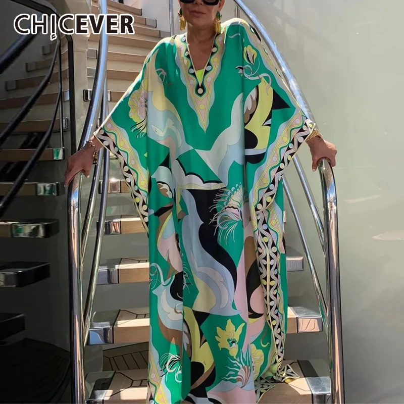 

CHICEVER Oversize Printed Robe For Women V Neck Flare Sleeve Loose Waist Irrguler Hem Elegant Casual Dress Female Spring Clothes