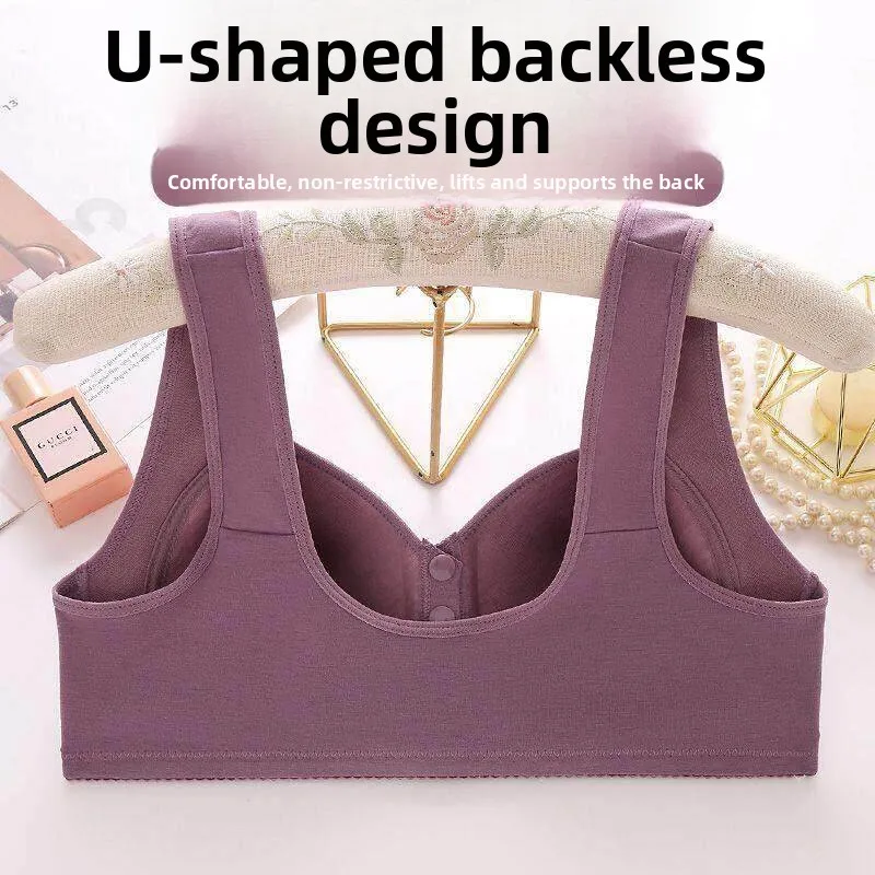 Large Size Red Cotton Bra for Mothers Middle-Aged And Elderly Women Front Buckle Fixed Cup Gathered Underwear Comfortable Sle...